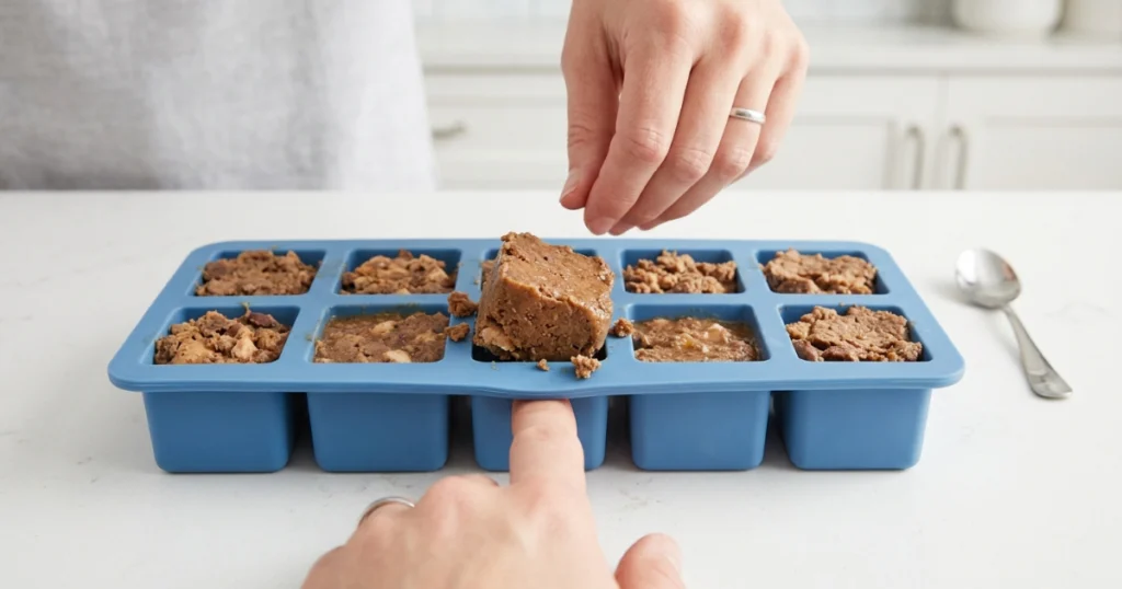 Batch cooking homemade cat food portioned in ice cube trays