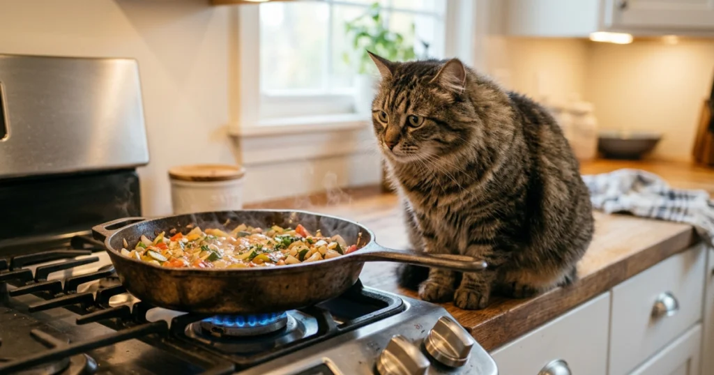 Cat watching owner cook homemade cat food on the stovetop