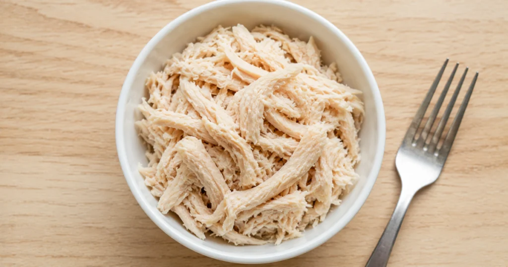 Classic shredded chicken homemade cat food recipe in a white bowl