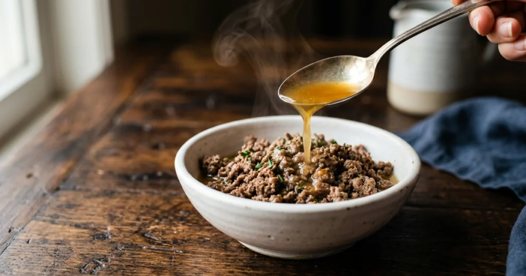 Homemade beef and bone broth cat food recipe in a bowl