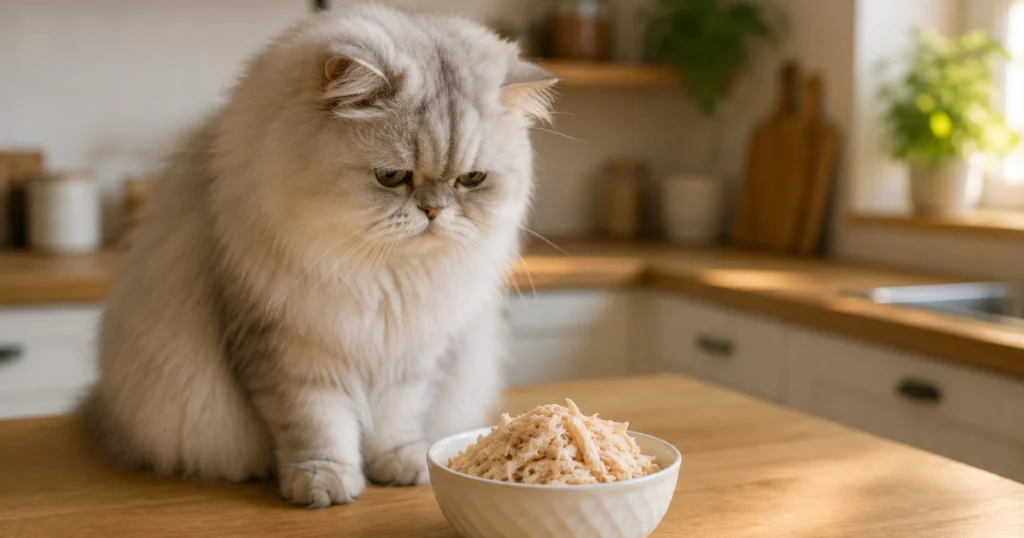 Homemade shredded chicken cat food in a bowl with a Persian cat nearby