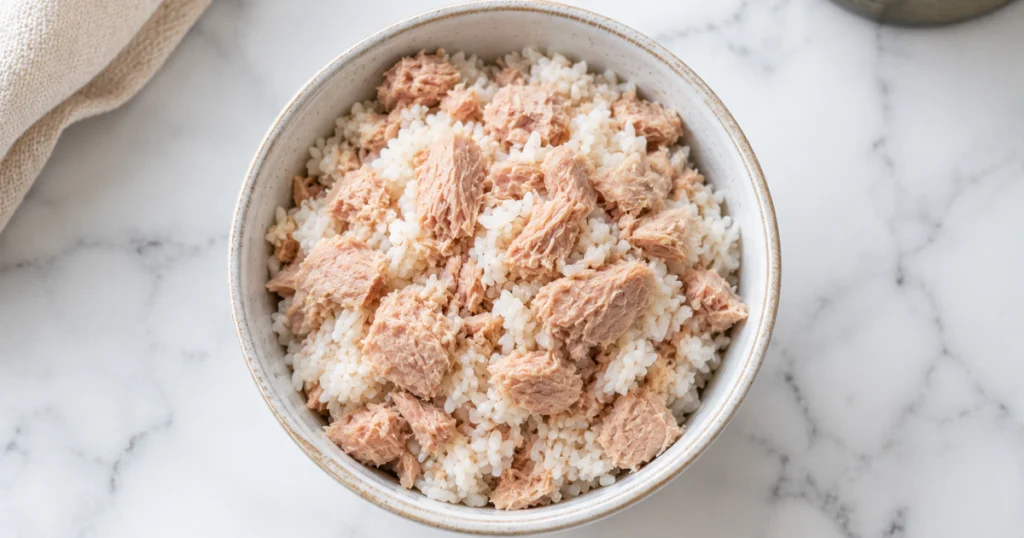Tuna and rice homemade cat food bowl — easy 5-minute recipe