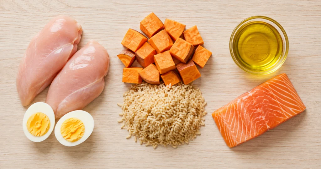 dog nutrition basics protein carbs fat flat lay
