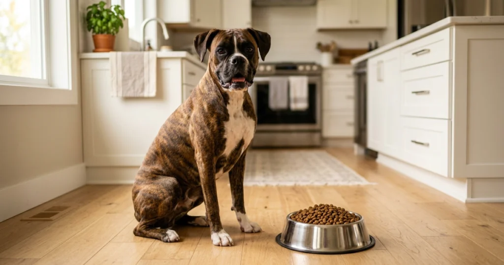 healthy Boxer dog on proper diet grain free or grain inclusive