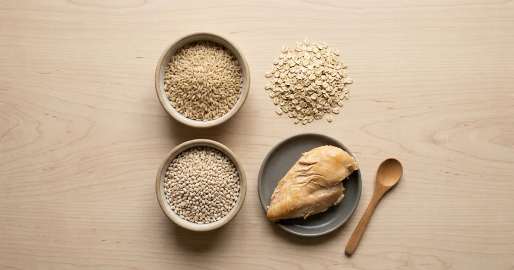 quality grain inclusive dog food ingredients brown rice oats chicken