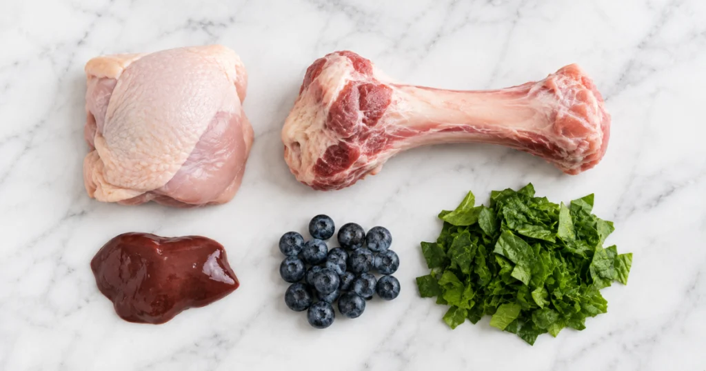 raw dog food diet ingredients muscle meat bone organ vegetables BARF