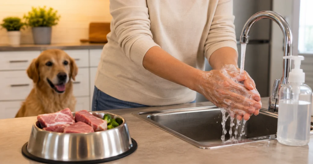 safe raw dog food handling washing hands bacteria prevention