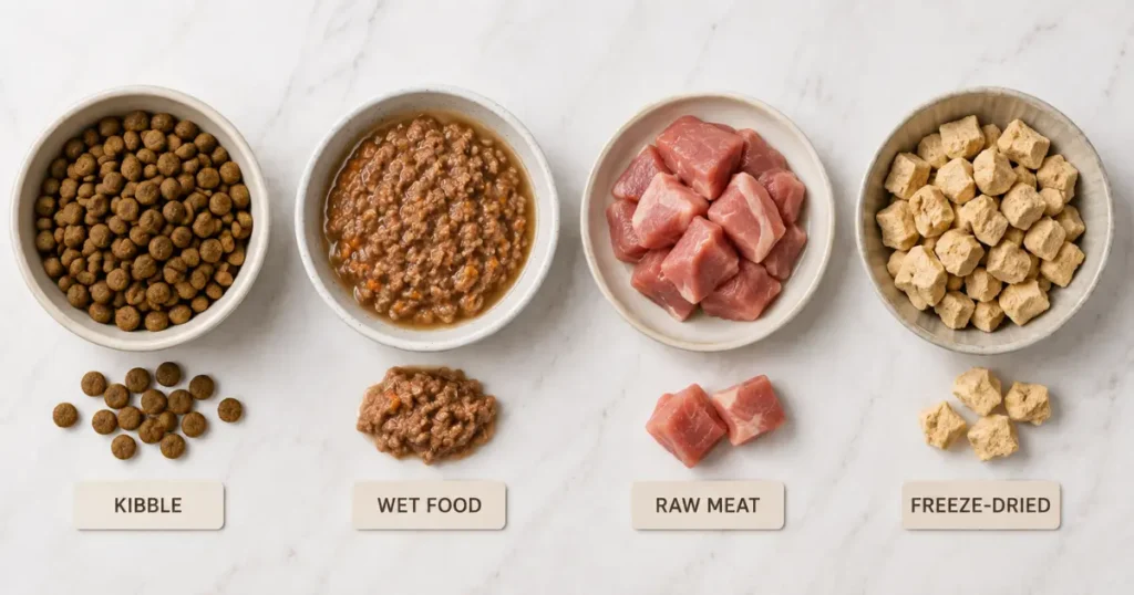 types of dog food kibble wet raw freeze dried comparison
